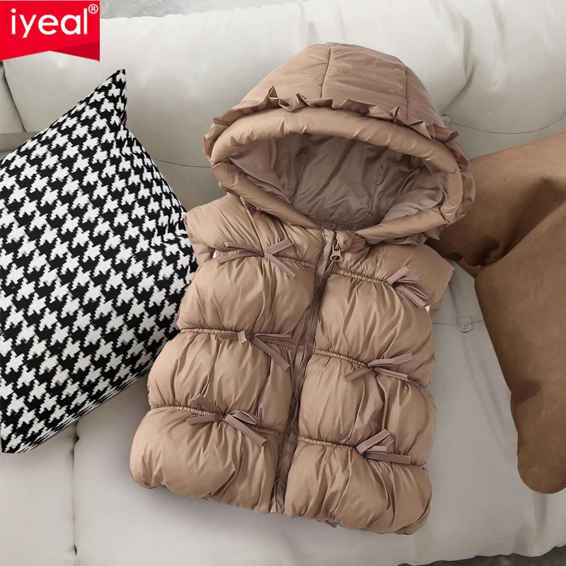 IYEAL Girls Ruffle Hooded Puffer Vest, Bow Decor Sleeveless Kids Waistcoat, Solid Color Warm Winter Children Outerwear Gilet