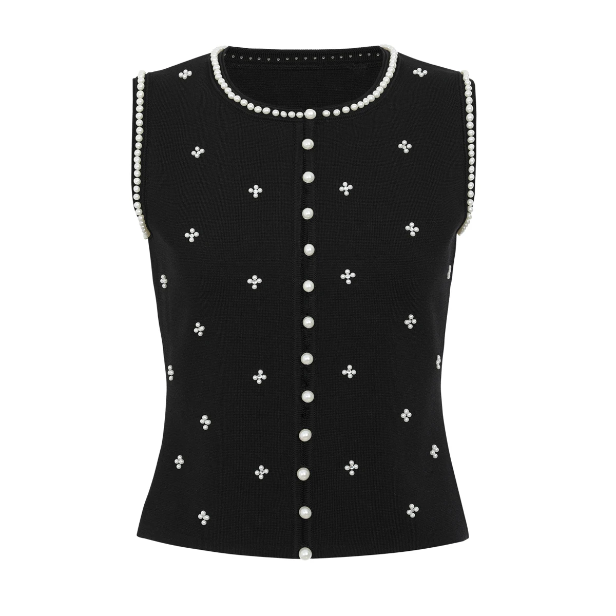 26136 Summer New High Quality Fashion Women's Round Neck Sleeveless T-Shirt Top Knitted Shirt Vest Versatile Pearl Top