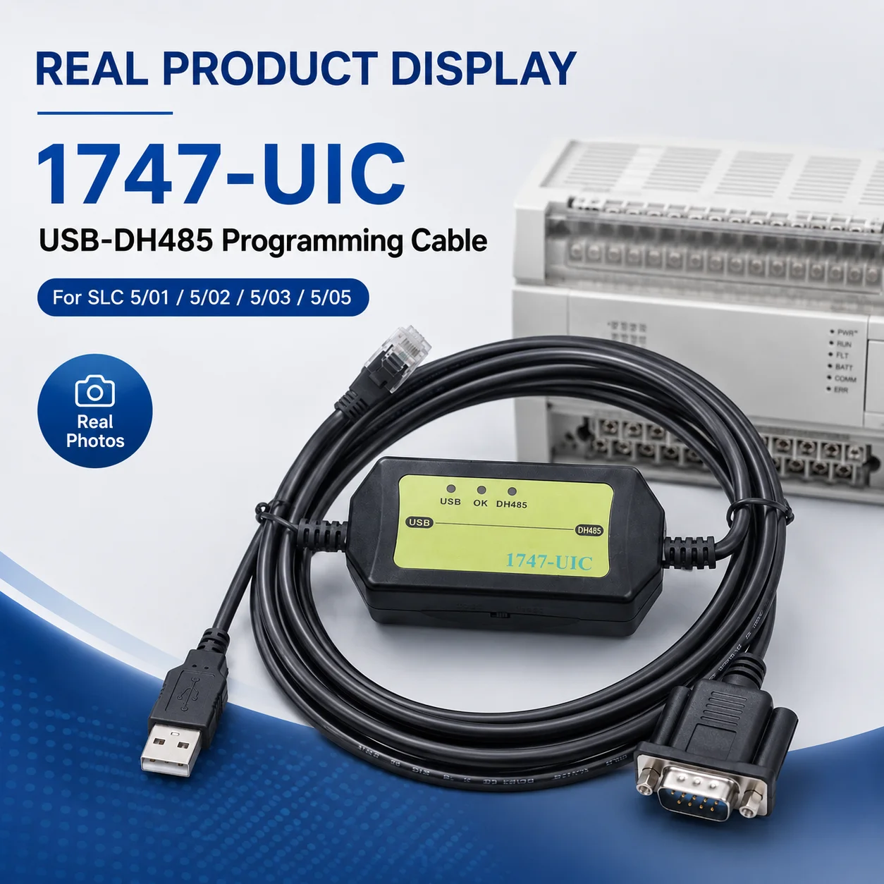 1747-UIC USB-DH485 Programming Cable for Allen Bradley SLC 5/01 5/02 5/03 5/05 PLC 3M 12V Download Adapter