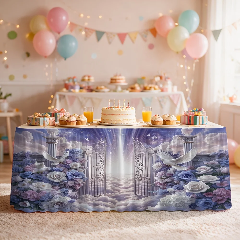 1-piece decorative Tianmen flower pigeon printed tablecloth table skirt, suitable for indoor birthday parties