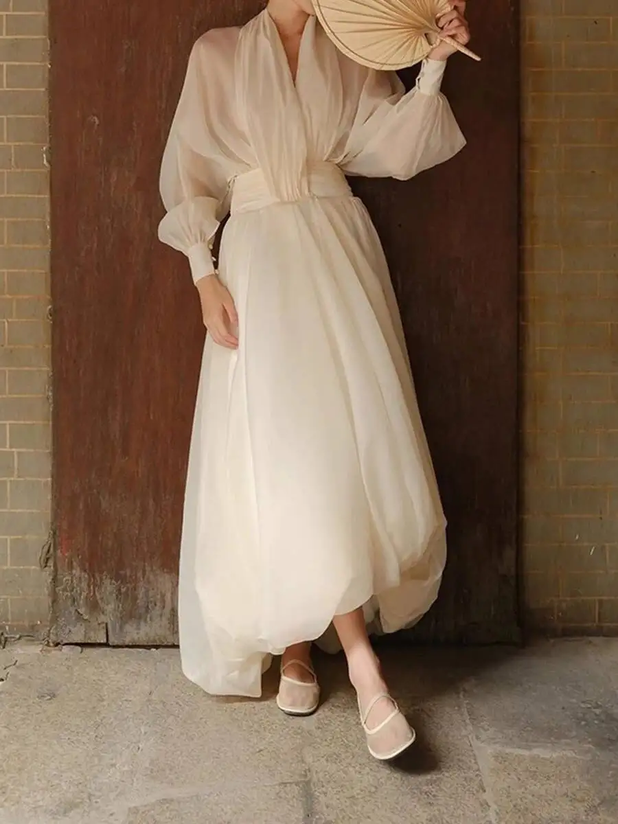 TLXT Elegante frauen Lose Sheer Gespleißt Falten Sexy Kleider V-ausschnitt Mit Langen Ärmeln Hohe Taille Mode Kleid Weibliche Kleidung Neue