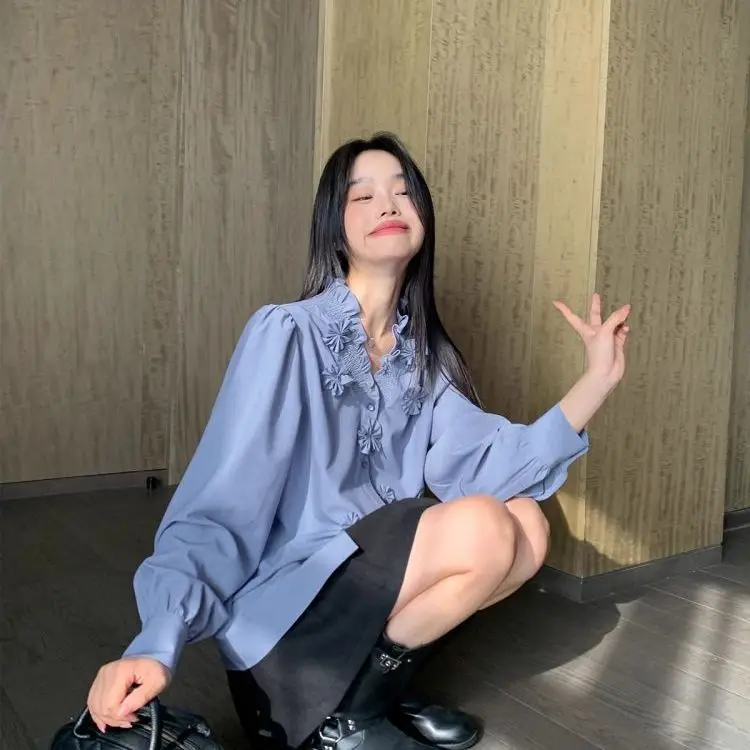 

Рубашка во французском стиле с вышивкой, женская, с длинным рукавом, весна 2026, новая коллекция, свободная, шикарная, элегантная, с цветочным узором