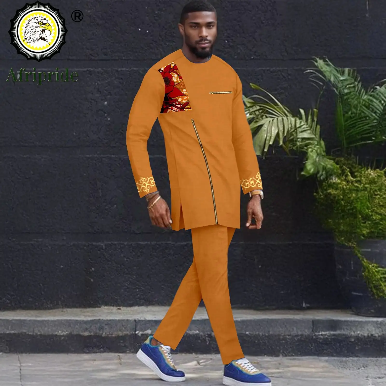 African Suits for Men O-neck Long Sleeve Embroidery Zip Shirts and Pants 2 Piece Set Dashiki Tracksuit Print Outfits 2516036