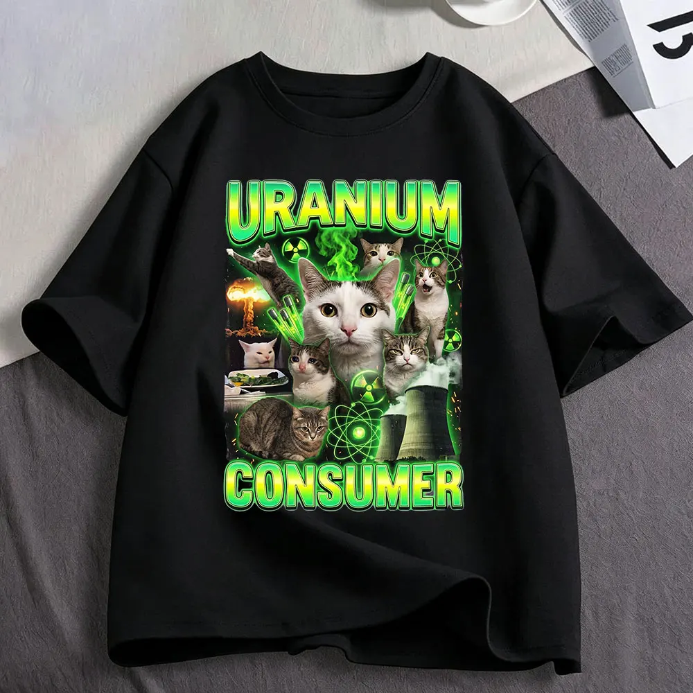 T-shirt humoristique avec motif de chat consommateur d'uranium, vêtements pour hommes et femmes, en coton, décontracté, surdimensionné, à manches courtes, streetwear