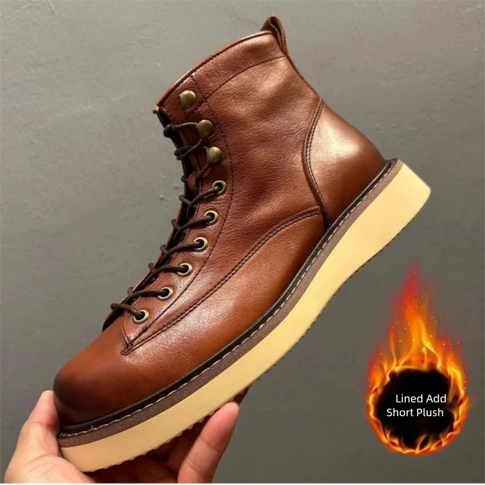 QHCCID Handmade Retro Horsehide Men's Boots Winter and Spring Add Short Plush Warm Motorcycle Boots Paratrooper Boots Men's