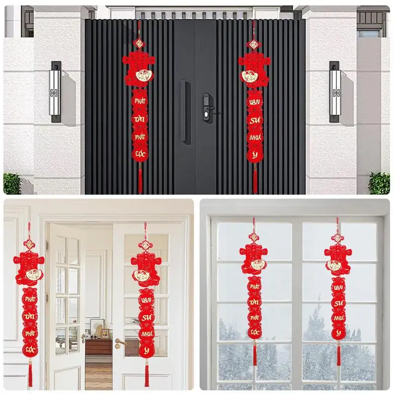 Couplet du Nouvel An vietnamien, processus creux, pendentif nœud chinois avec pompon, ornements de porte d'entrée, décor de porche pour jardin