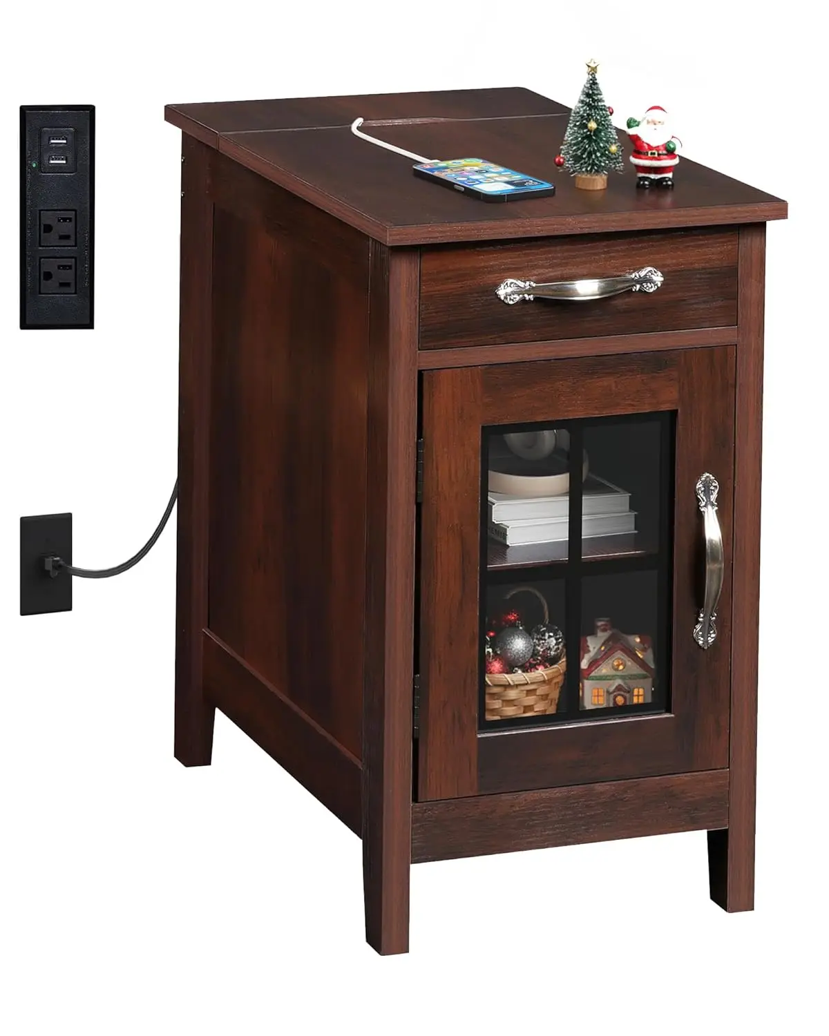 

End Table Charging Station Narrow Side Table Storage Wooden Cabinet USB Ports Outlets 23.7x13.78x23.7", Customized