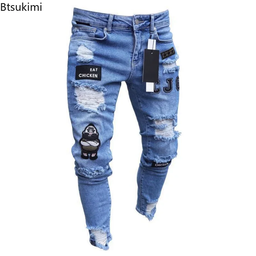 Jeans Pria Celana Denim Skinny Stretch Robek Lubang Lutut Celana Panjang Slim Fit Gaya Hip-Hop Musim Gugur Biru Hitam Solid S-4XL