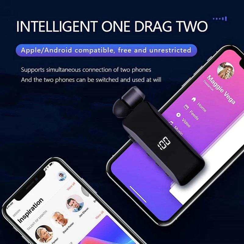 سماعات رأس لاسلكية بشاشة رقمية LED ، بلوتوث ، قابلة للسحبها ، مشبك ياقة ، سماعة رأس مفردة ، قابلة للسحبها بسلك ، سهلة الاستخدام