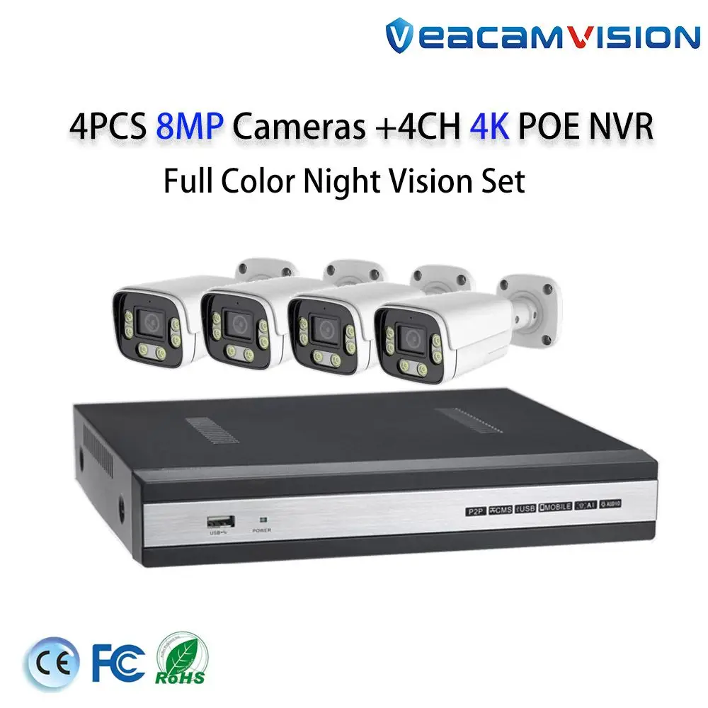 

5MP полноцветная 4-канальная водонепроницаемая камера ночного видения IP66 Poe NVR комплекты системы видеонаблюдения