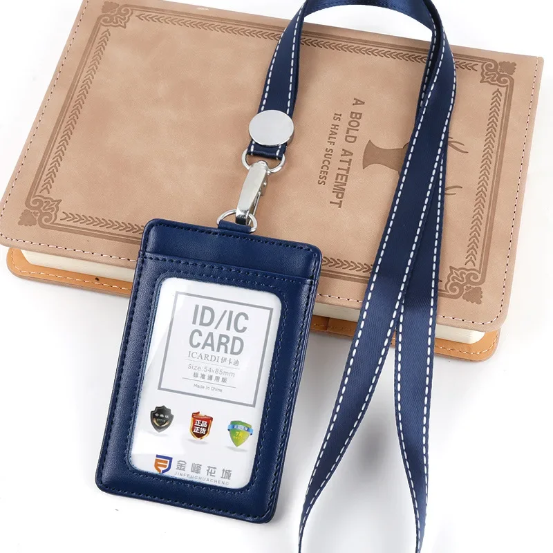 Leather ID Tag Name Badge Holder Credit Card Bag with Lanyard Employee's Pass Access Bus Card Cover Case Badge Sleeve Holder