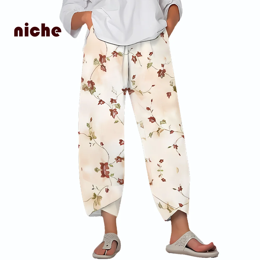 Casual Beach Pants for Women, Loose Fashion,  High Quality, Flower Print Trend, Wide Leg, Nine Point Pants