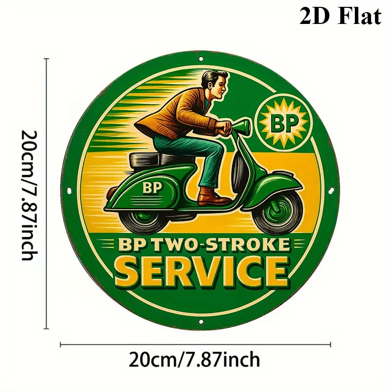 2D Flat, 1pc BP Two-Stroke Service Vintage Metal Sign - 8-Inch Round Retro Station Plaque Suitable for Garage, for Cave