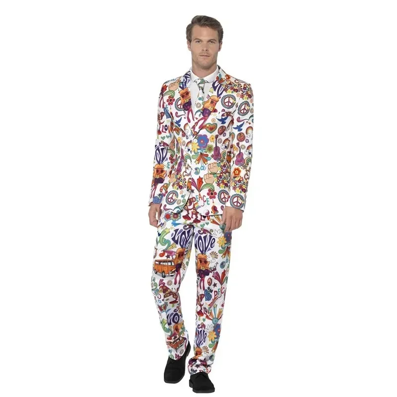A 2025 halloween masculino 60s 70s retro hippie paz e amor cosplay traje flor poder discoteca carnaval festa terno casaco t novo xjr89