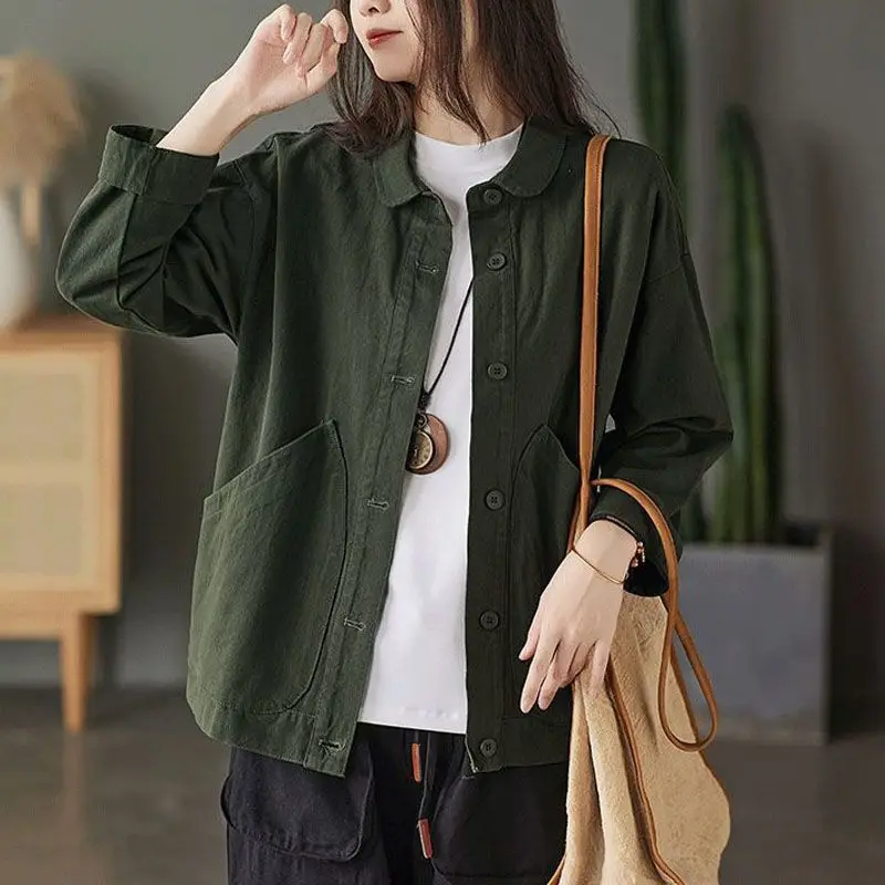 2023 Spring and Autumn Season Art Retro Simple Twill Cotton Solid Pocket Single Breasted Loose and Versatile Women\'s Shirt Coat