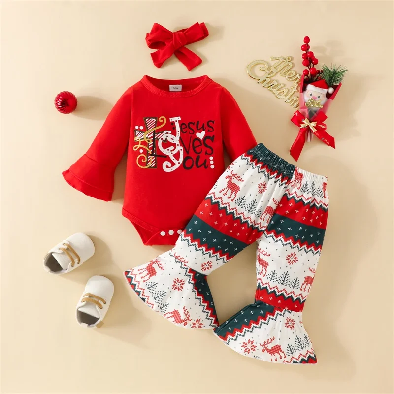 

Infant Baby Girl Christmas Romper Outfits Long Sleeve Jumpsuit Elk Print Flare Pants Bow Headband Children's Clothing Set