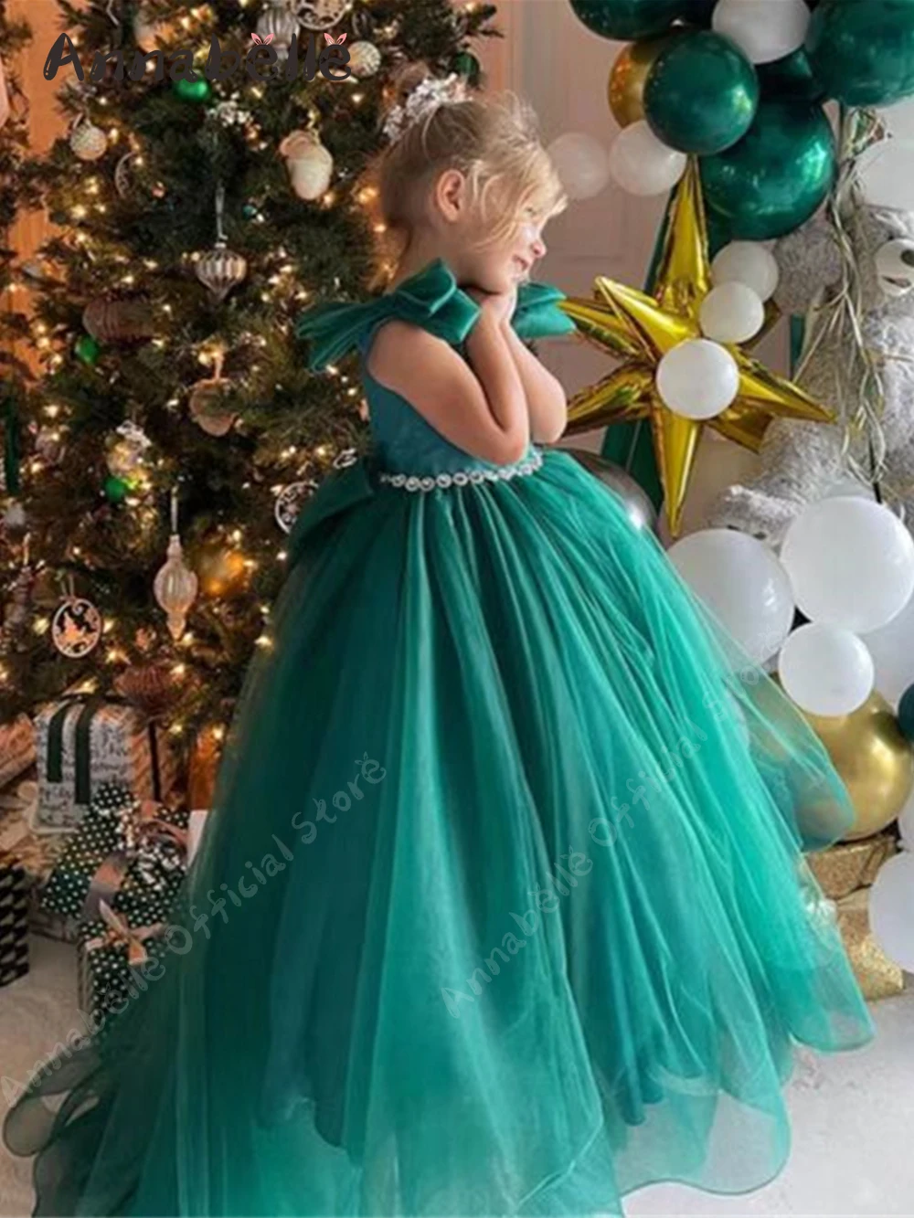 

Annabelle Fashion Princess Girls Dress Three Cute Bow Decorations Long Mopping Fluffy Flower Girl Dress