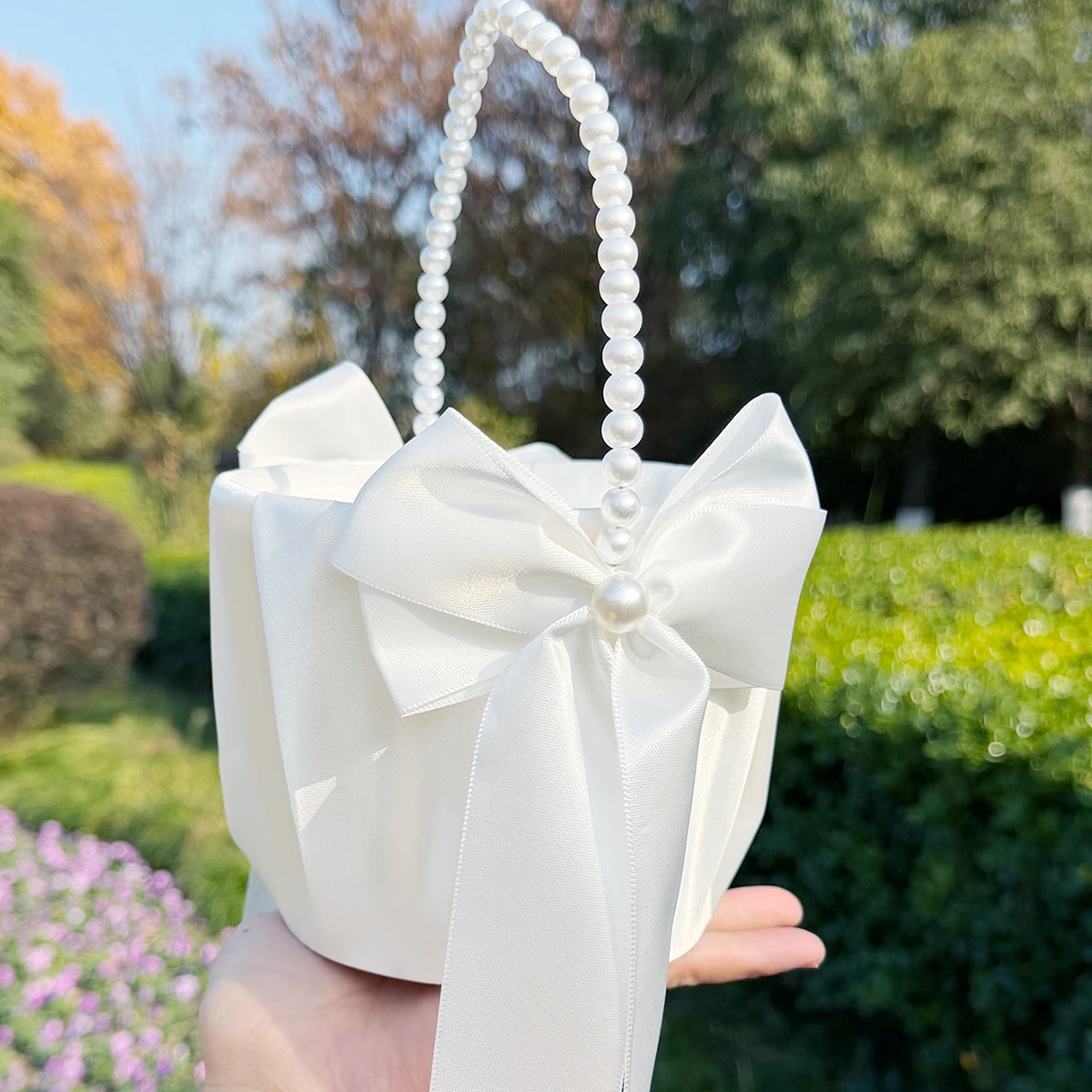 Wedding Flower Girl Basket with Cute Pearl Handle Bowknot Satin Flower Baskets for Wedding Ceremony image 6