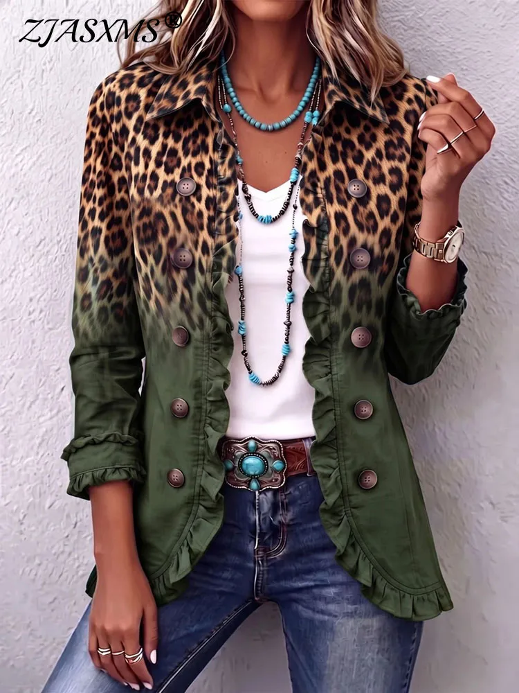 Retro Western Boho Jacket Women Lapel Collar Leopard Gradient Print Ruffle Trim Buttons Loose Coat Autumn Daily Street Outerwear