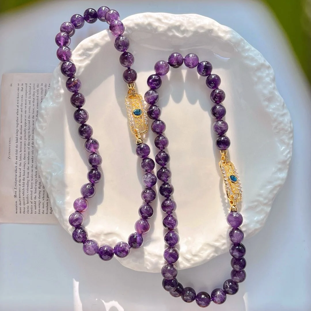 

New Chinese retro 12mm domineering large granular sauce purple natural amethyst necklace collarbone chain fashionable European a
