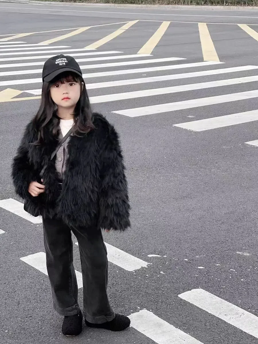 2024 Autumn Winter New Childrens Fur Coat Girls Versatile Korean Baby Solid Color Round Neck Fur Top Round Collar