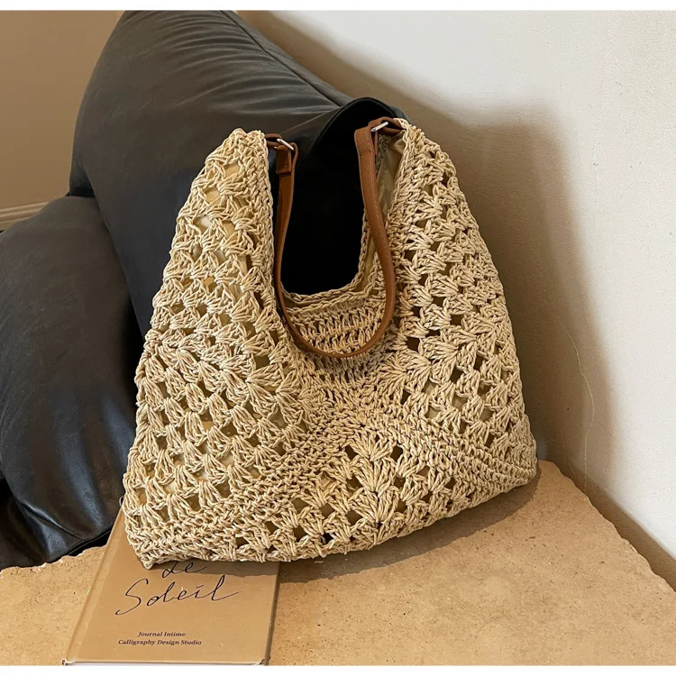 Casual Hollow Straw Women Shoulder Bags Handmade Woven Large Capacity Tote Bag Summer Beach Handbags