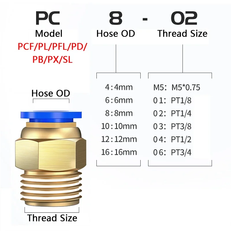 Pneumatic Air Fittings Threaded Connectors PC/PCF/PL/PLF 6/8/10 mm BSPT 1/8 3/8 1/2 1/4 Hose Fitting Male Thread Quick Coupling