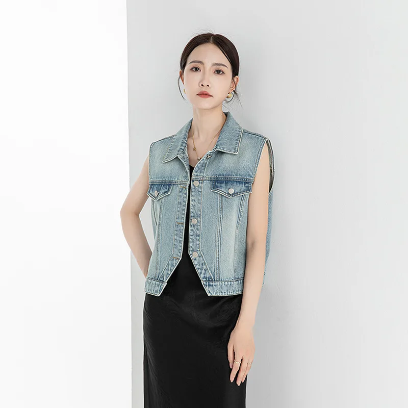 

Fashionable Short Denim Vest Women's Summer Outerwear High Waist Personalized Slimming Small Size Top Trendy Collar Cott...