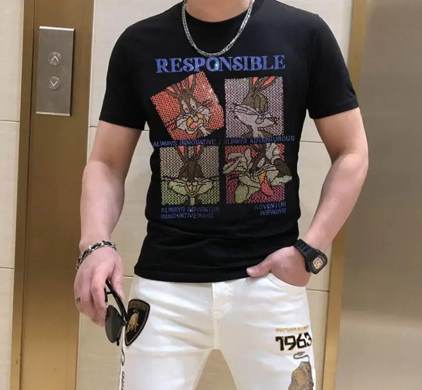 Diamond Cartoon Plein ali brand Summer men's Tops male brand Casual Fashion Rhinestones T-shirt