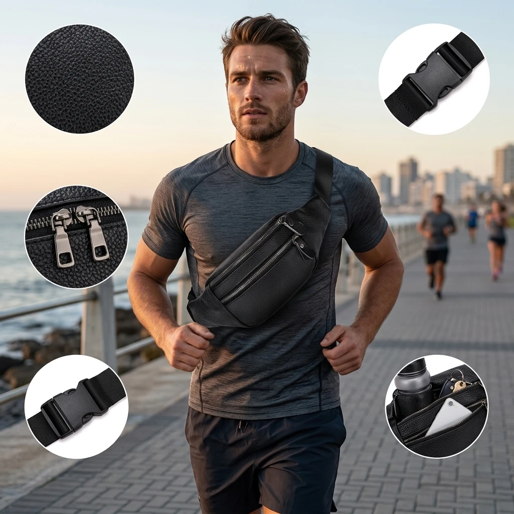 Multifunctional Genuine Leather Chest Bag Crossbody Cash Wallet Outdoor Sport Fanny Pack​ Waterproof Waist Bag for Men