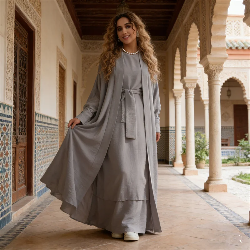 

2Pcs Eid Muslim Sets for Women Kimono Cardigan with Inner Dress Islam Clothing Turkey Kaftan Dubai Abaya Kebaya Islam Clothing