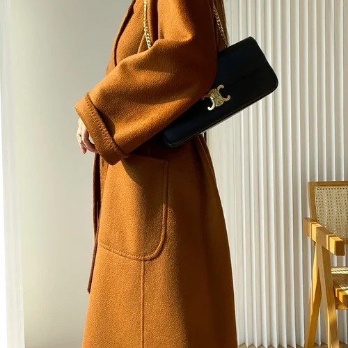 캐러멜 라브로 100% 캐시미어 양면 워터 리플 코트 여성, 고급스러운 중간 길이, 햅번 스타일 