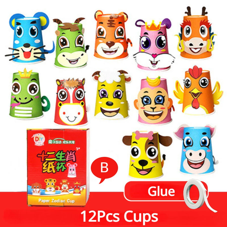 DIY Handmade Paper Cups  12pcs Sticker Material Kit Whole Set Kids 12 Animal Patterns Kindergarten Educational Toys