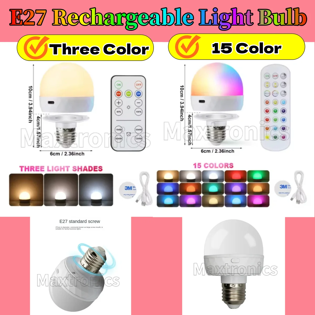 

15/3 цвета, регулируемая перезаряжаемая лампочка E27, цветовая температура с дистанционным управлением для кемпингового снаряжения, аварийная лампа