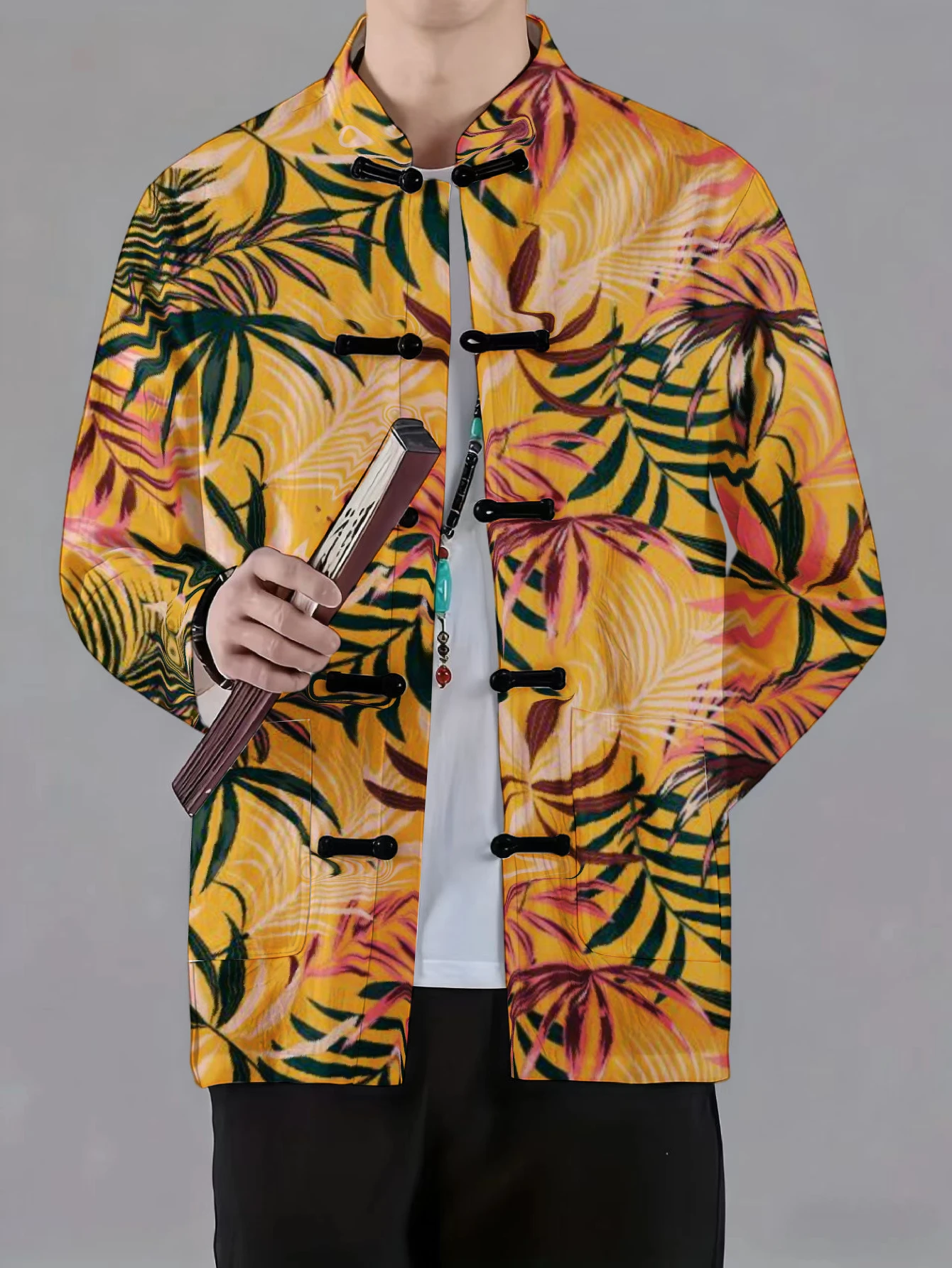 Men Mandarin Collar Frog Button Jacket Palm Foliage Swirl Art Print Traditional Outerwear