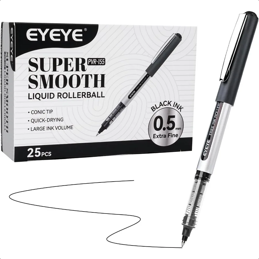 

0.5mm Black Rollerball Pens 25 Pack Extra Fine Point Roller Ball Pen Quick Dry Liquid Ink Pens Fine Point Smooth Writing Pen fo