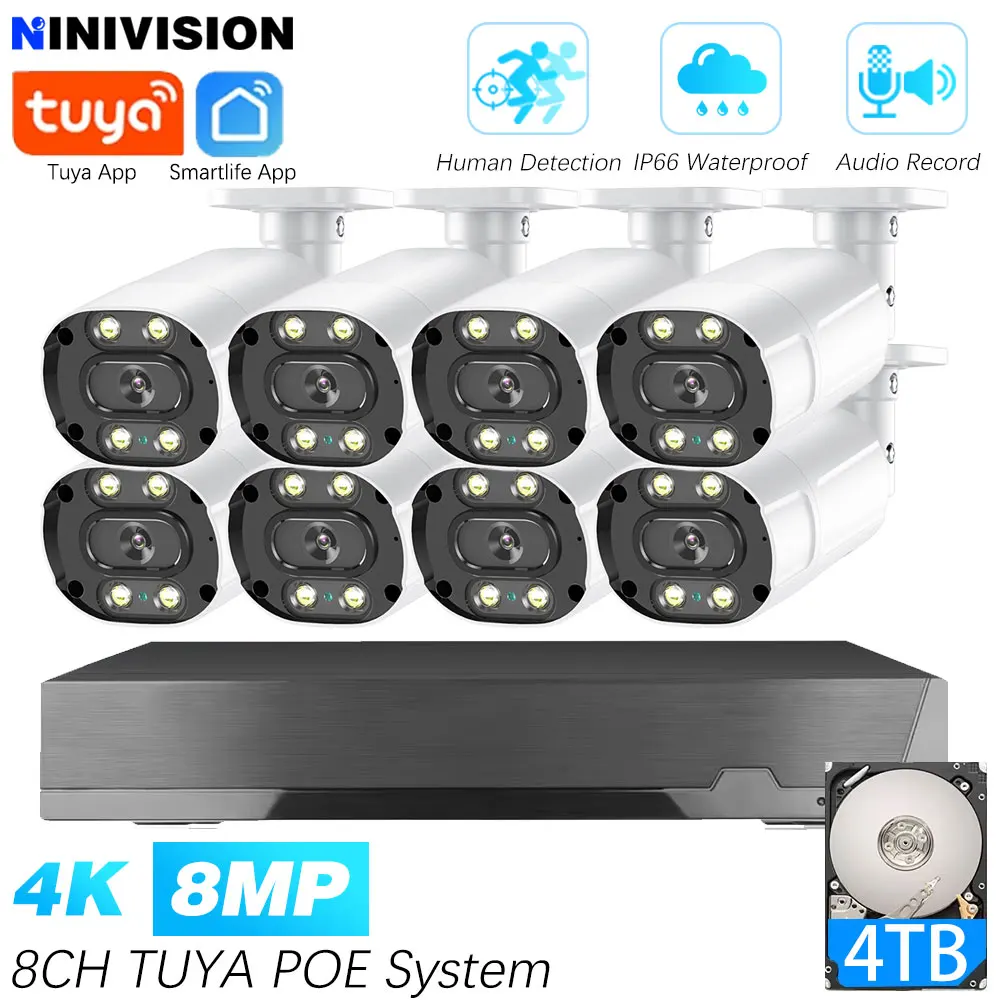 

Tuya Smartlife 4K 8CH POE NVR Система видеонаблюдения Открытая аудиозапись 8MP CCTV IP Bullet Camera Система видеонаблюдения