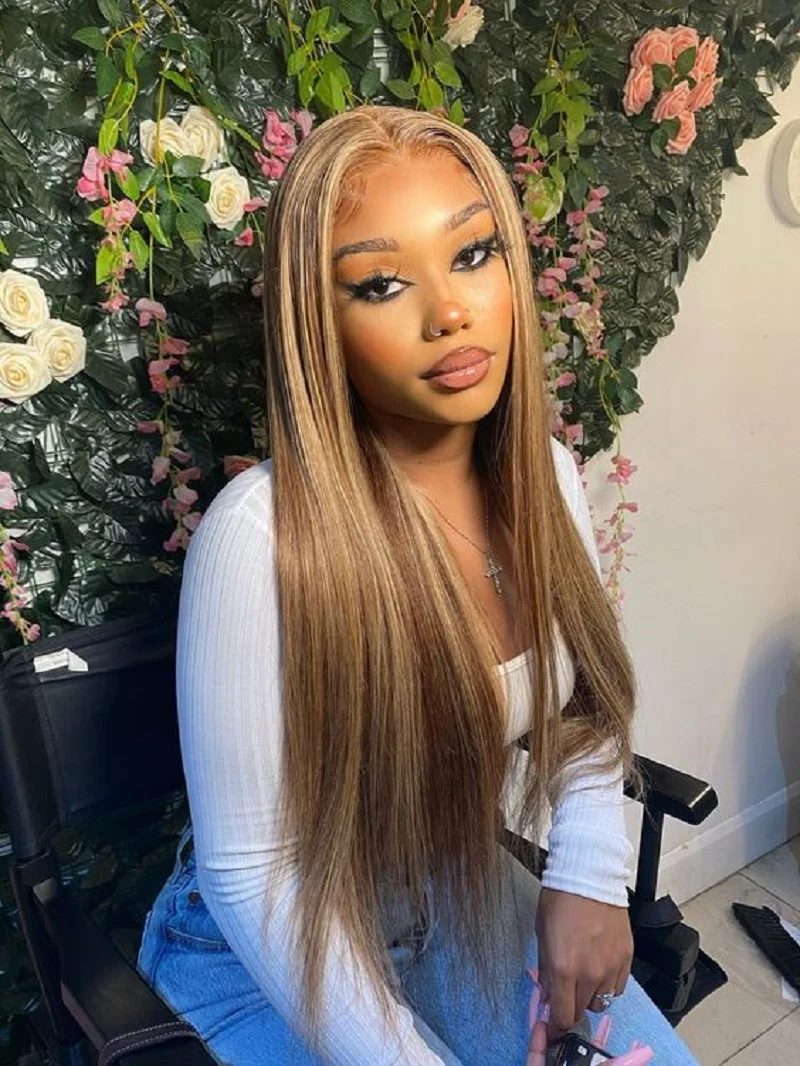 Straight Highlight Wig Human Hair 13x6 HD Lace Frontal Wigs Ombre Honey Blonde Colored Straight Wigs