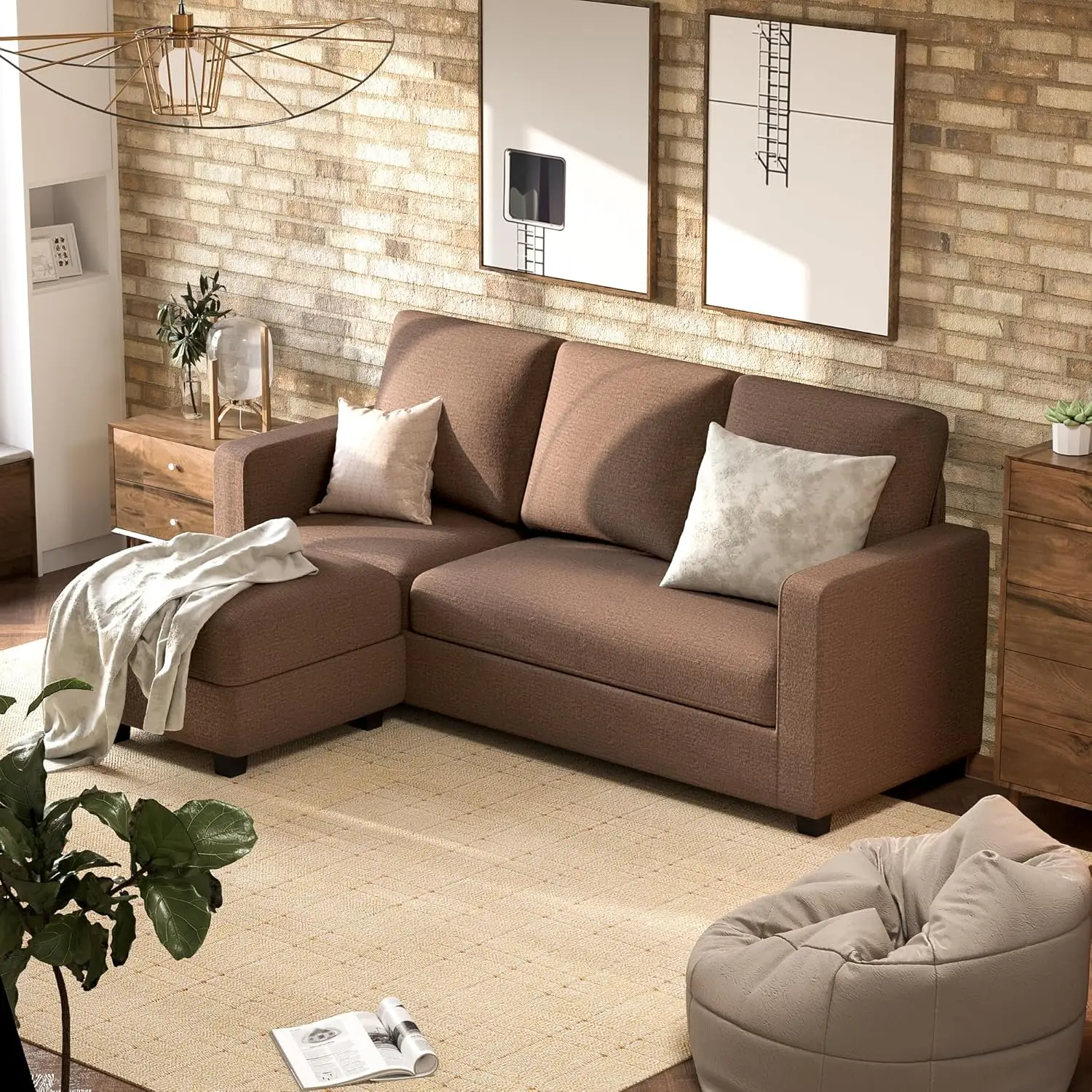 

Convertible Sectional Sofa Couch, Fabric L-Shaped Sofa with 3 Seats, Removable Ottoman, Small Sofa for Apartments, Living Rooms