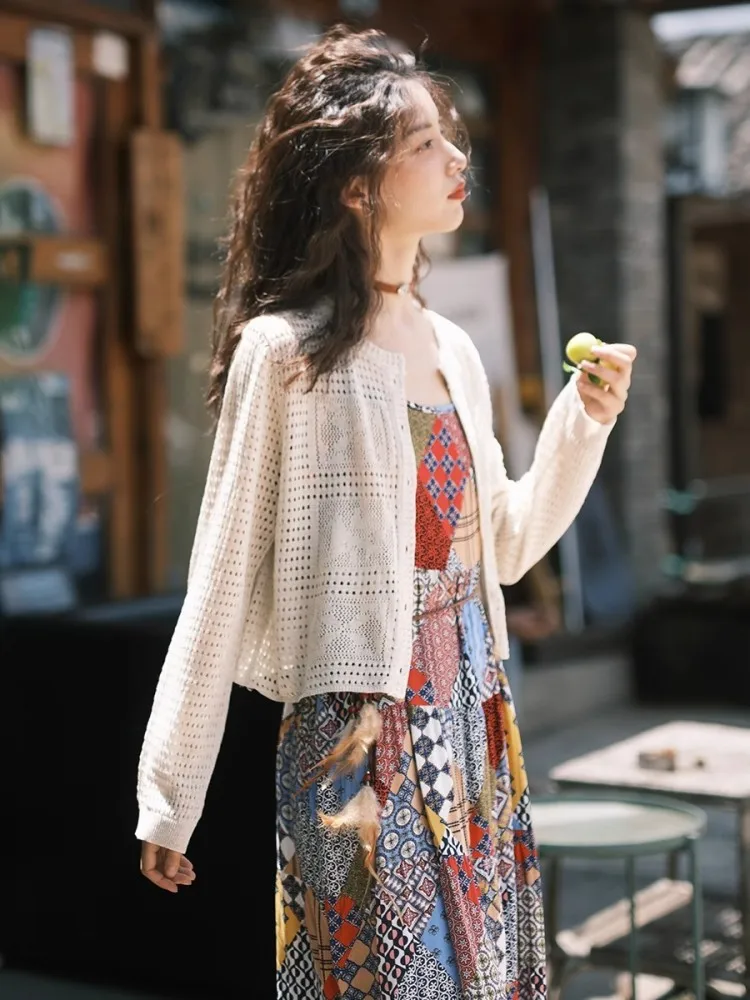 Knitted Thin Cardigan Long Sleeved Short Sun Protection Jacket Paired With Skirt For Spring And Autumn Shawl Hollow Out Top