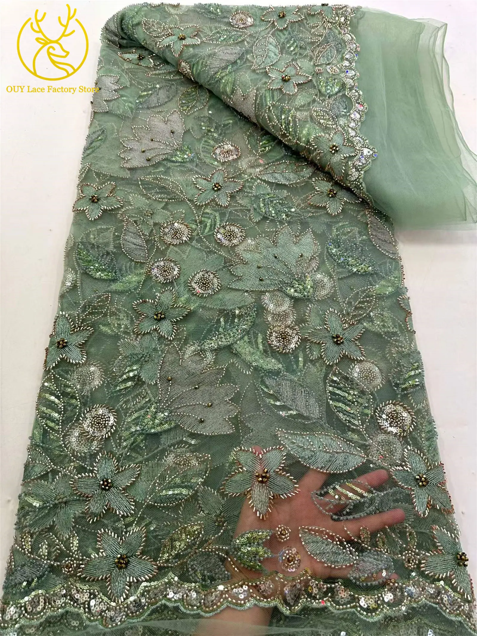 Neuer Stil: Brautkleid-Spitzenstoff mit Perlenstickerei 2026, Silberner Tüll mit Pailletten, Afrikanischer Netzstoff für Hochzeits- und Abendkleider zum Nähen – Detail 13