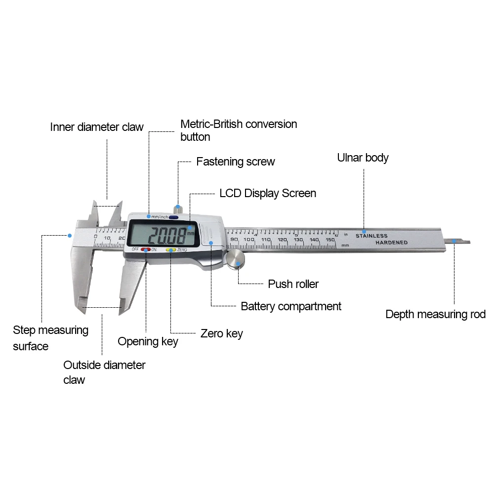 Stainless Steel Digital Vernier Caliper, Micrômetro Medição Tool, Profundidade Régua, Messschieber, Paquimetro, 6 