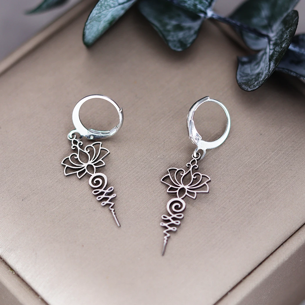 QIAMNI Unalome Lotus Flower Hoop Earrings Stainless Steel Yoga Buddhism Pendant Drop Dangle Earring Spiritual Jewelry for Women