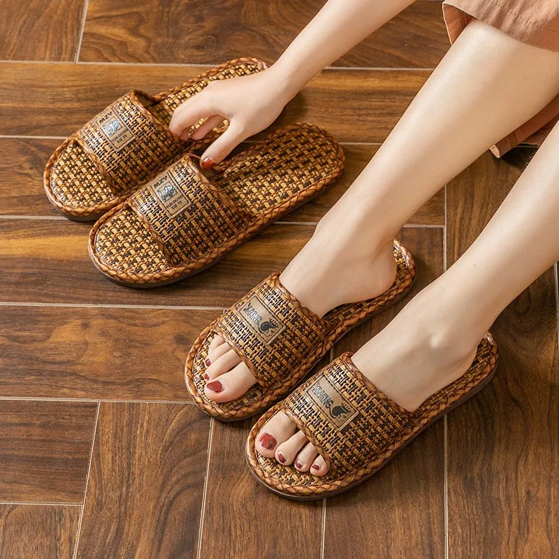 Rattan Linen Home Slippers for Women Men Summer Wisteria Woven Cooling Floor Indoor Slides Unisex Bedroom Shoes TG23