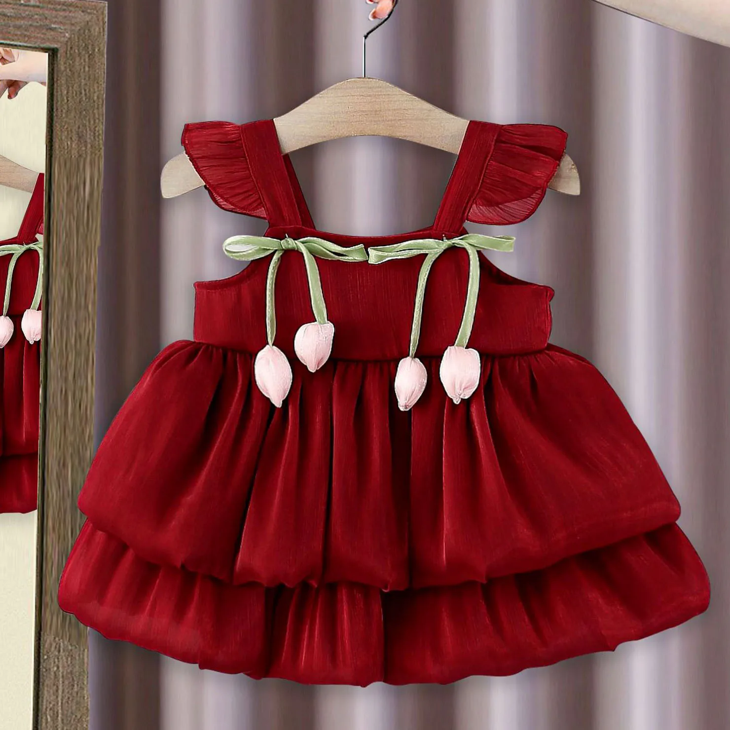

Infant Dress Baby Girl Clothes Flying Sleeves Children's Clothing Dresses Tulip Flowers Summer Sweet Princess Dress Suspender