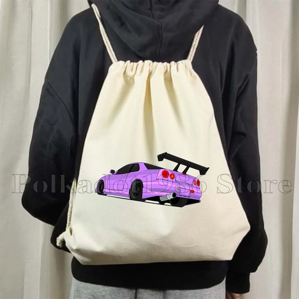 Fashion Vintage Male Men JDM Tokyo Drift Sports Car Gift Canvas Drawstring Bags Soccer Backpack Gym Sackpack Sports String Bag