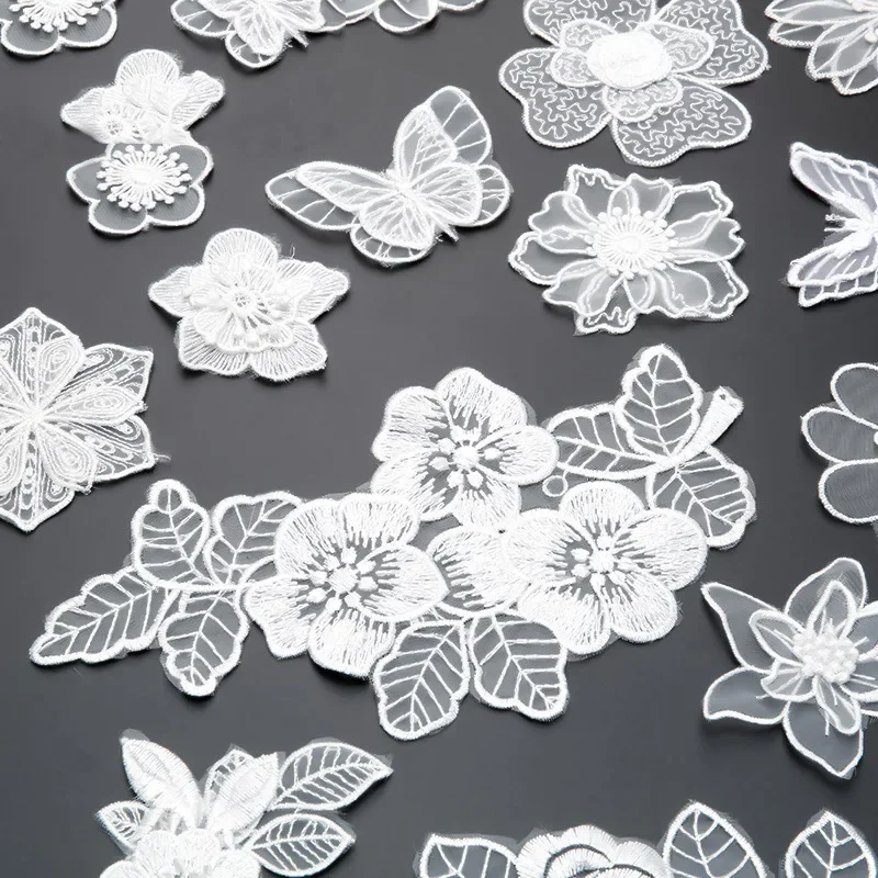 White Lace Embroidery Patches Sew Ion on Clothes Organza Flower Butterfly Appliques for Clothing Wedding Dress Decoration Stripe