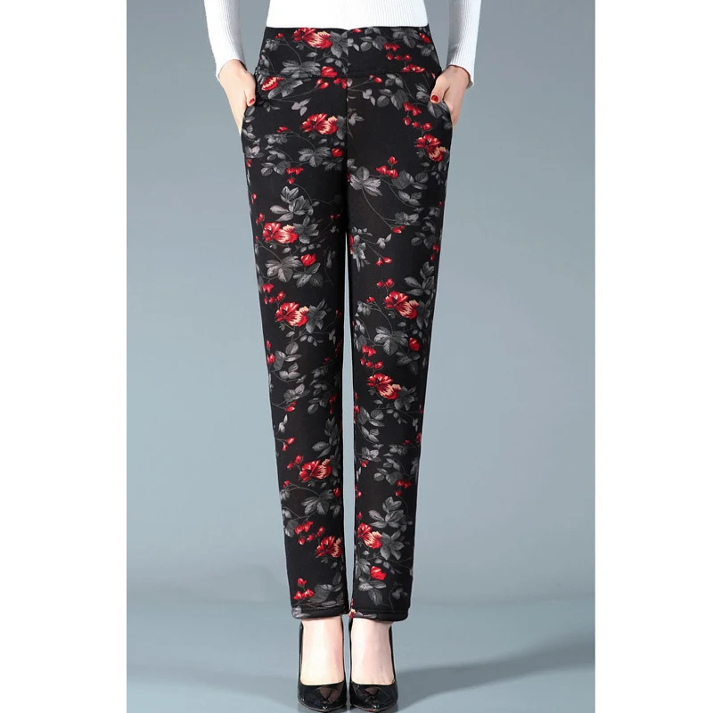 2022 Autumn Winter Plush Thick Warm Women Casual High Waist Cotton Trousers Vintage Floral Print Slim Pants Pantalones Mujer 4XL