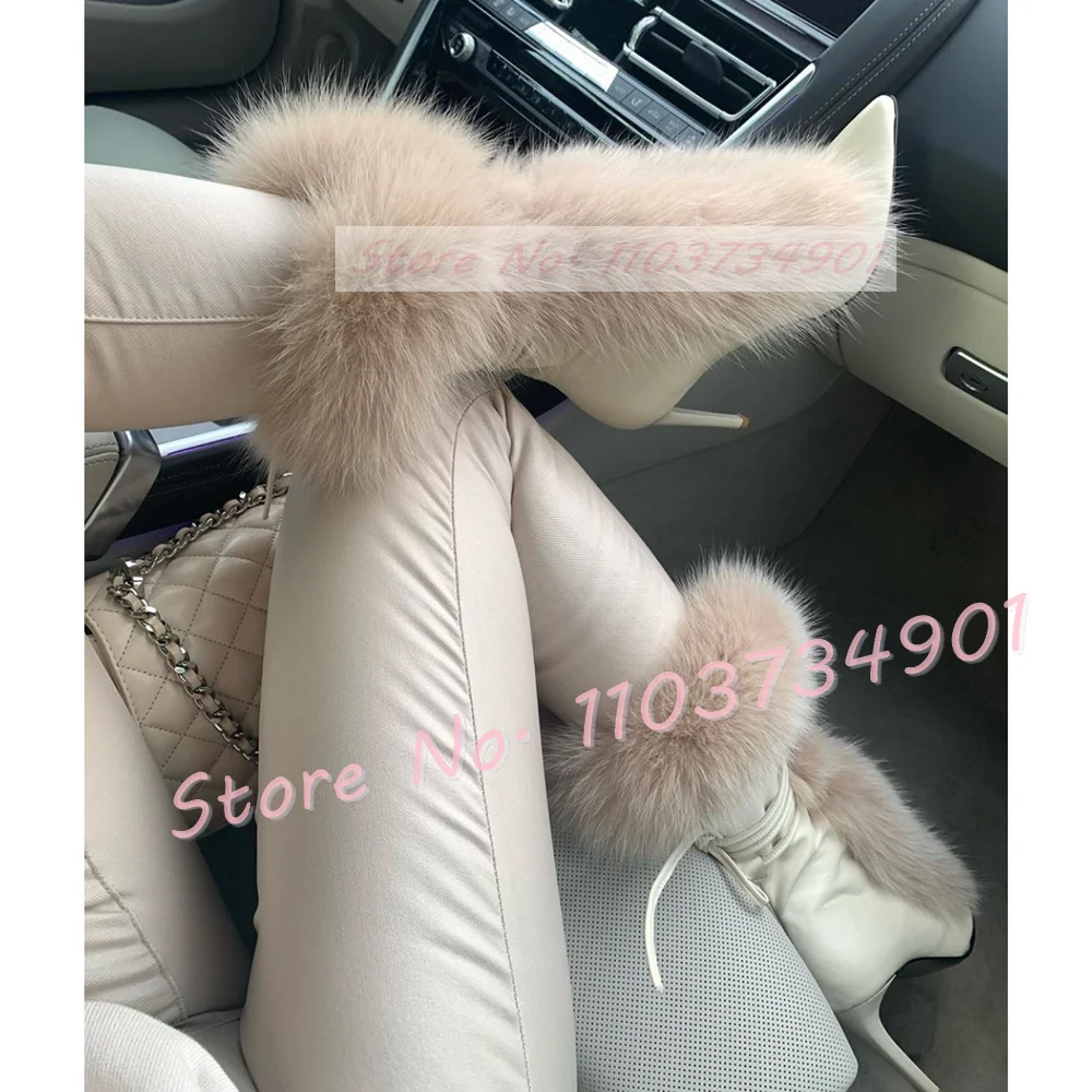 Furry Snake Strap Boots Women Elegant Slip On Pointy Toe Mid Calf Thin High Heels Shoes Female Sexy Fashion Patent Leather Boots