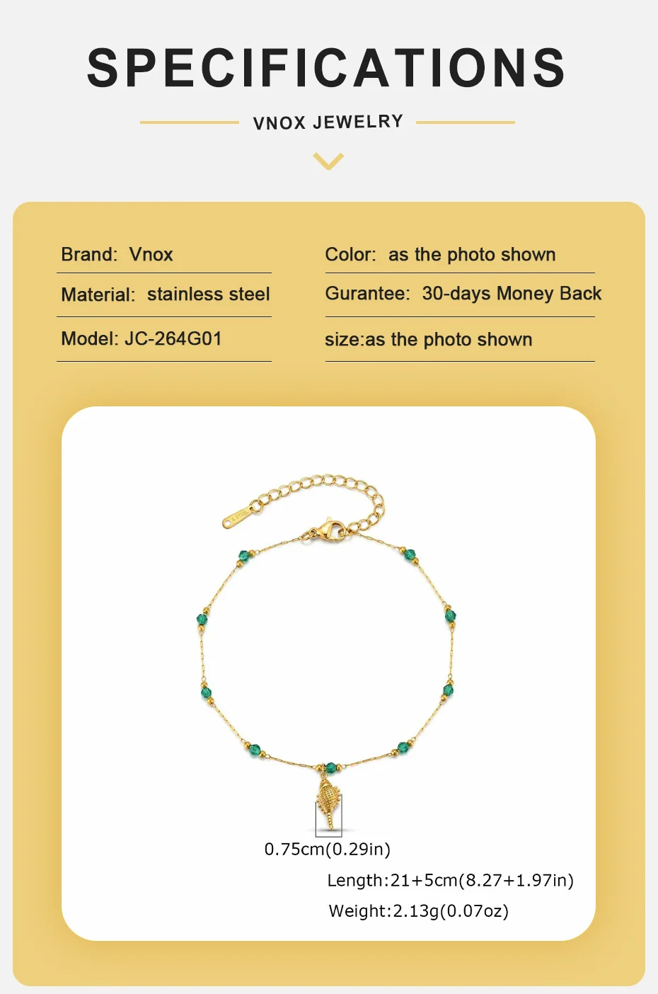 Vnox Bohemia Grüner Kristall Muschel Tropischer Fisch Anhänger Quasten-Fußkettchen für Damen, vergoldet, wasserdicht, Sommerurlaub Fußschmuck – Detail 7
